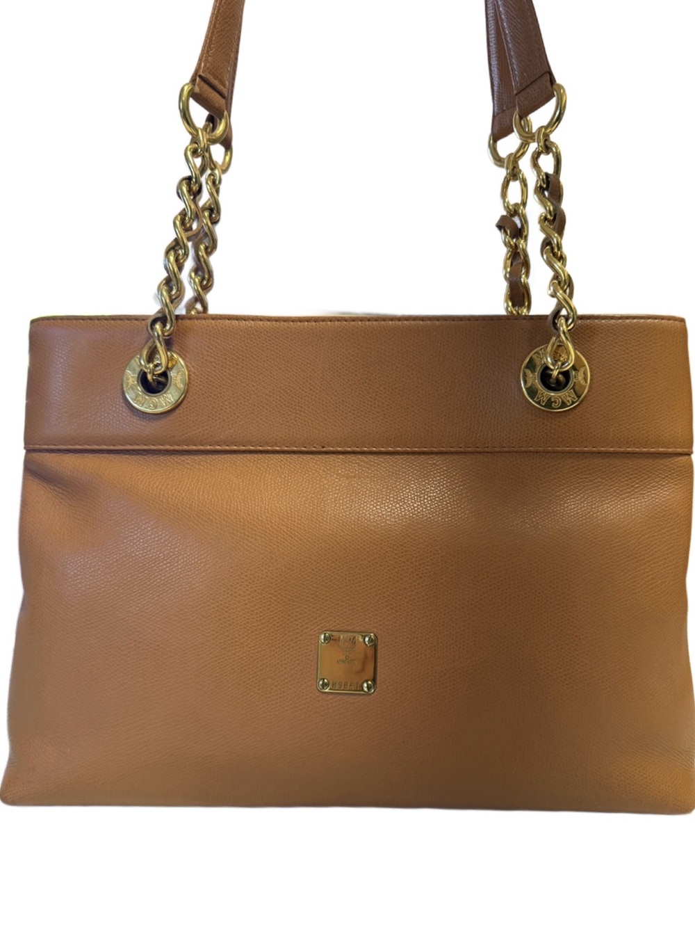 MCM Cognac Grained Leather Chain Shoulder Tote Made in Germany